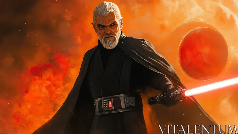 Older male warrior holds red energy sword before orange planet