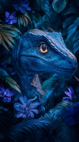Blue reptilian creature with golden eye hiding in foliage