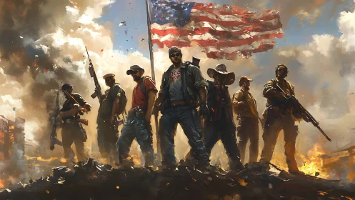 Armed militia squad under tattered American flag in ruins.