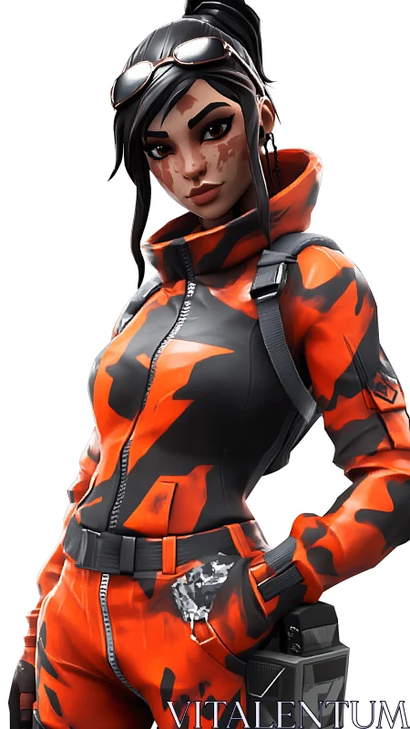 Confident female game hero in red tactical suit.