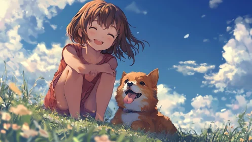 Smiling girl sits in grassy field beside happy corgi dog