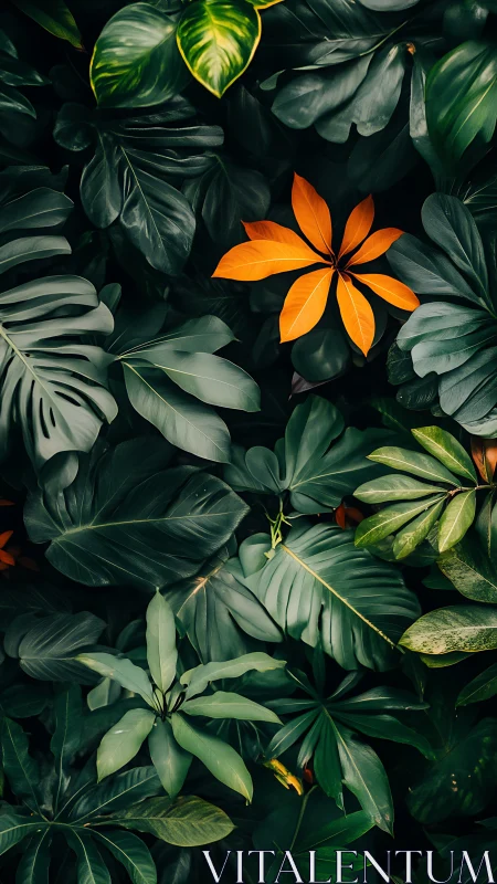 Bold orange leaves nestled in deep emerald jungle calm.