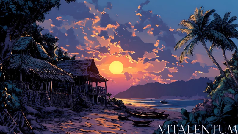 Tropical shoreline huts under vivid sunset sky scene.