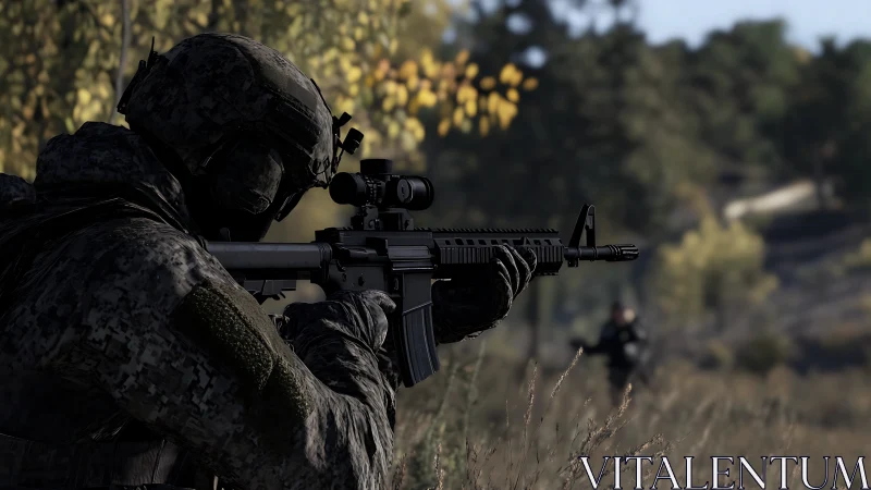 Soldier in camouflage aiming rifle in outdoor woodland setting.