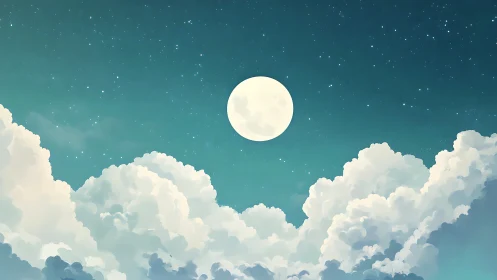 Full moon rises above luminous clouds under starry sky