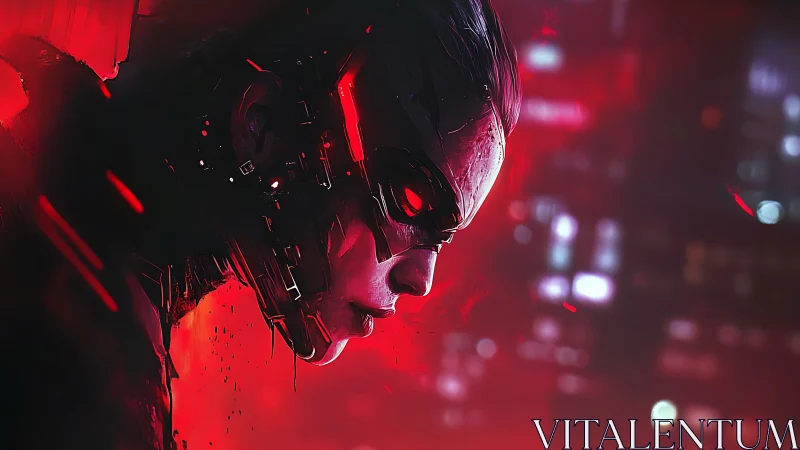 Brooding cybernetic vigilante glowing in neon city haze.