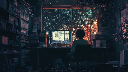 Person at computer desk facing luminous outer space window.