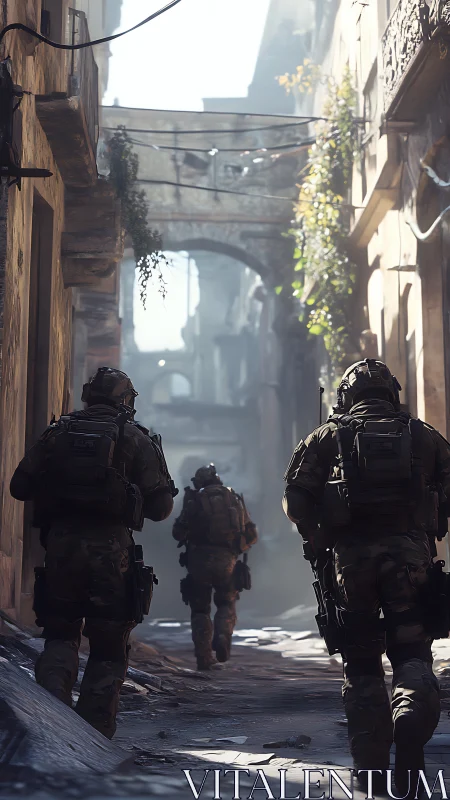 Soldiers patrol narrow urban alley in soft morning light.