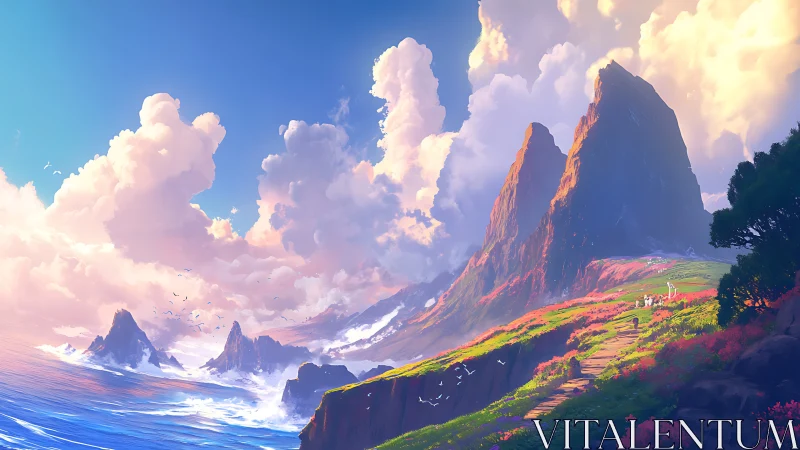 Mountainous landscape with dramatic cliffs and flowering valley.