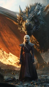 Dragon guardian and silver-haired queen in fiery twilight.