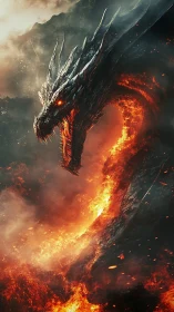 Infernal dragon rising through molten flame vortex under stormy sky.
