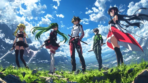 Anime swordsmen squad stand united on sunlit mountain ridge.