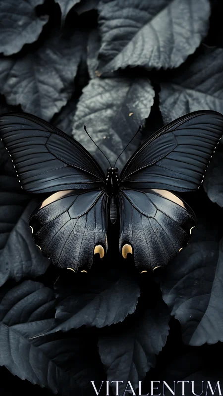 Midnight monarch resting on velvet leaves of shadowed dusk.