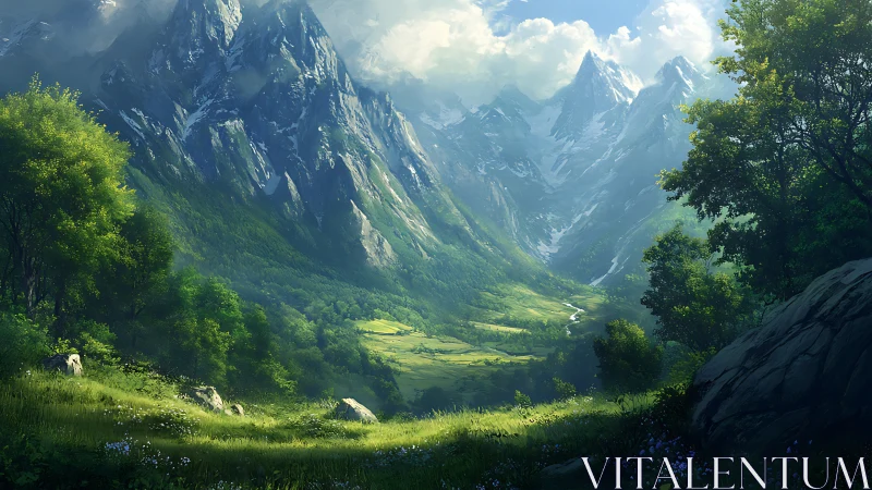 Luminous alpine valley with towering snow-capped ridges.