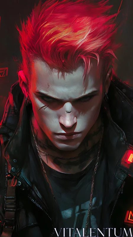 Portrait of red haired cyberpunk male in dark setting.