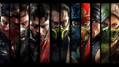 Intense masked warriors lined in bold, electric colors.