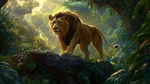 Male lion standing alert on mossy rock in dense jungle.