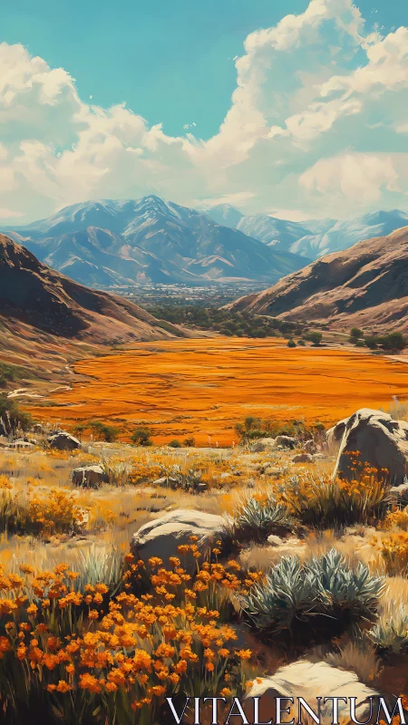 Golden valley blooms beneath calm snowcapped mountains.