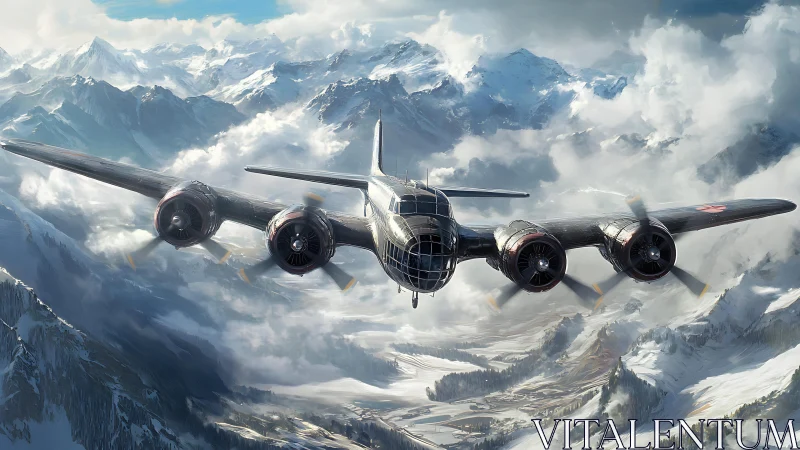 Four engine bomber aircraft over dramatic snowy peaks.