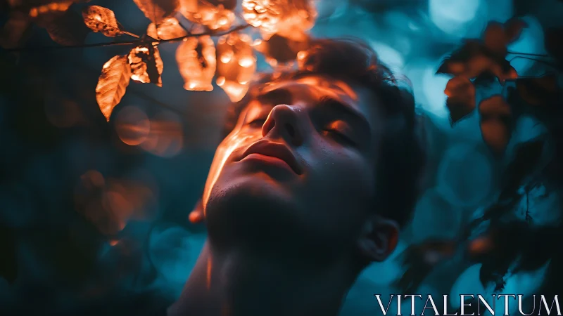 Man bathed in orange forest light against teal bokeh dusk