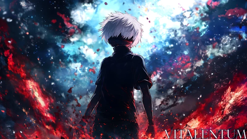 Solitary anime figure amid nebula-like light and debris.