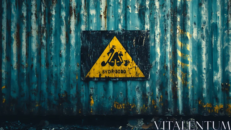 Yellow warning sign mounted on rusted blue metal wall