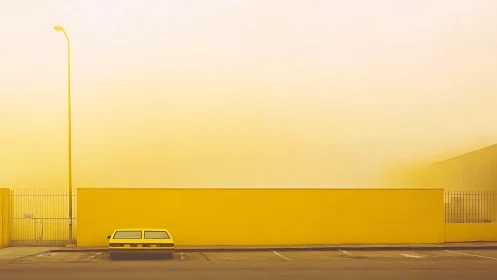 Minimalist yellow parking wall with lone vintage station wagon