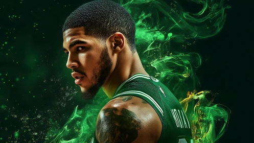 Emerald courtfire swirls around focused basketball warrior