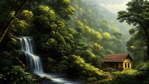 Forest waterfall frames secluded wooden cabin in sunlight.