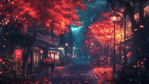 Neon autumn city street glows under stormy blue night sky
