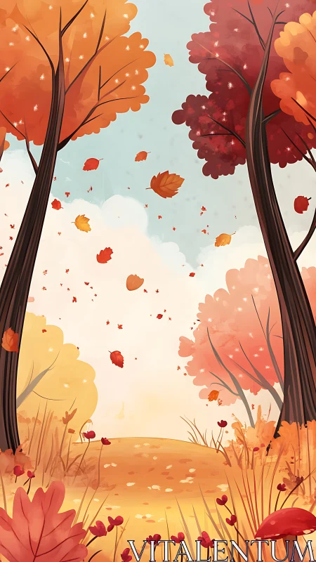 Autumn Forest Landscape with Falling Leaves: Digital Illustration Rendering