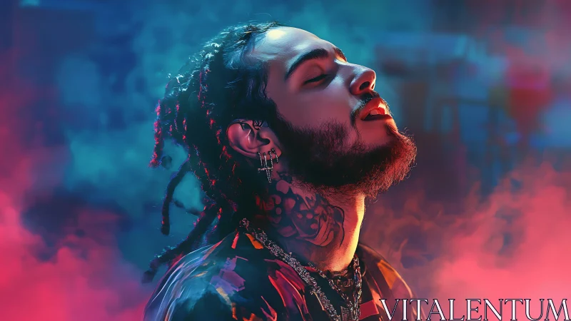 Neon mist crowns a dreaming singer in electric twilight glow