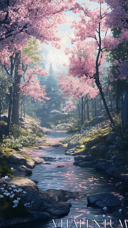 Cherry blossom stream winds through tranquil spring valley.