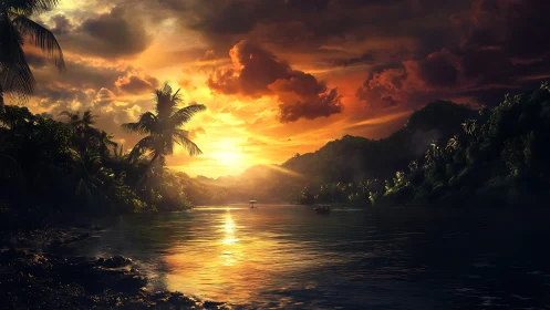 Tropical river sunset with glowing clouds and boats.