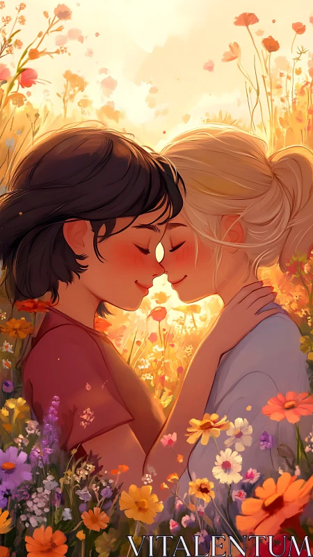 Two Hearts Bloom in Golden Radiance Amid Wildflower Dreams.