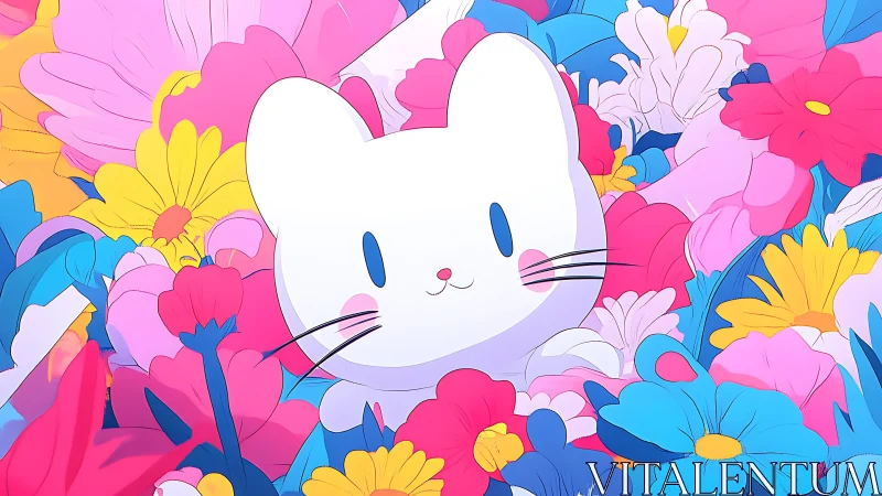 Playful white cat nestled in neon pastel flower field.