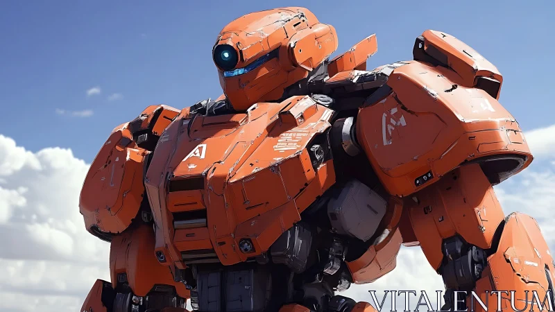 Armored orange combat mech under bright midday sky.