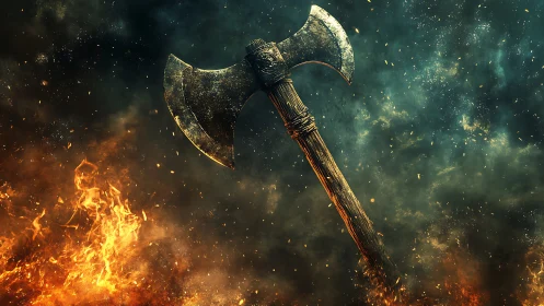 Battle-worn double-headed axe rises through surrounding flames