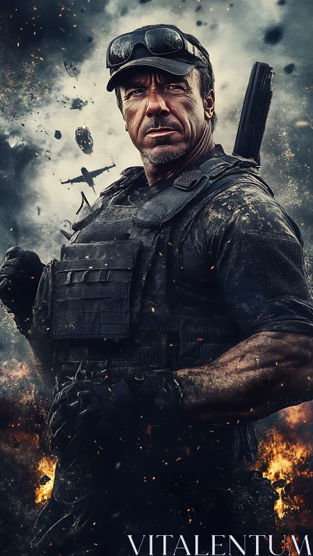 Battle-hardened soldier stands defiant amid airborne chaos