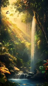 Vertical jungle waterfall with sunlit foliage and pool.