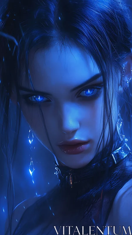 Blue lit female portrait with glowing eyes in close focus.