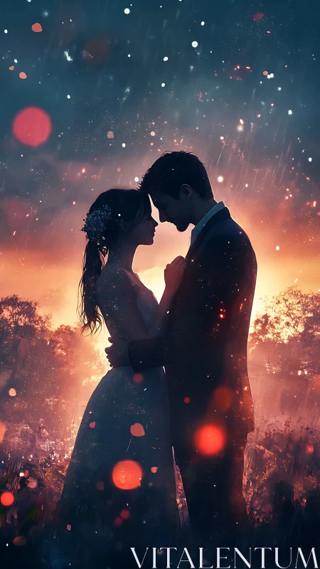 Silhouetted Couple Embracing in Golden Cosmic Lights.