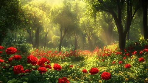 Crimson Garden Awakens in Golden Forest Light.