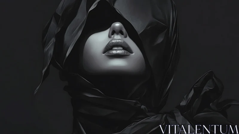 Shrouded human face with partially visible mouth in shadow.