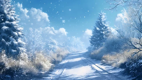 Quiet snowy forest road glows under a bright winter sky