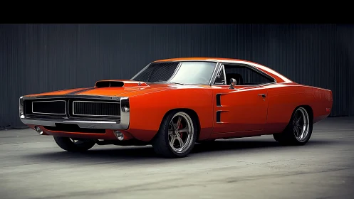 Orange muscle car profile with low-key studio lighting.
