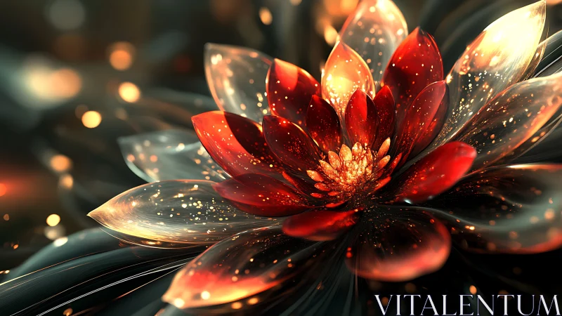 Luminous glass blossom glows with fiery cosmic petals.