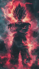 Intense anime warrior stands in red fiery energy aura.