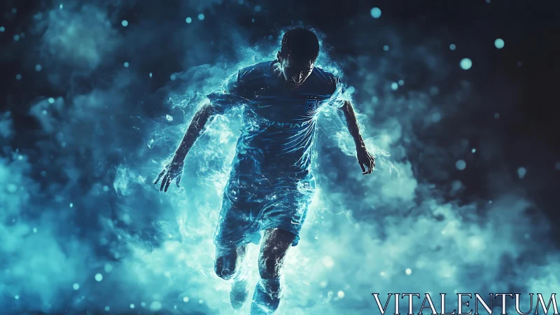 Digital rendering shows soccer player emerging through blue mist