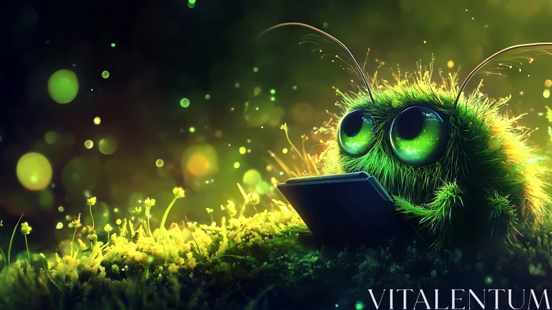 Fuzzy green creature studies tablet under glowing forest light.